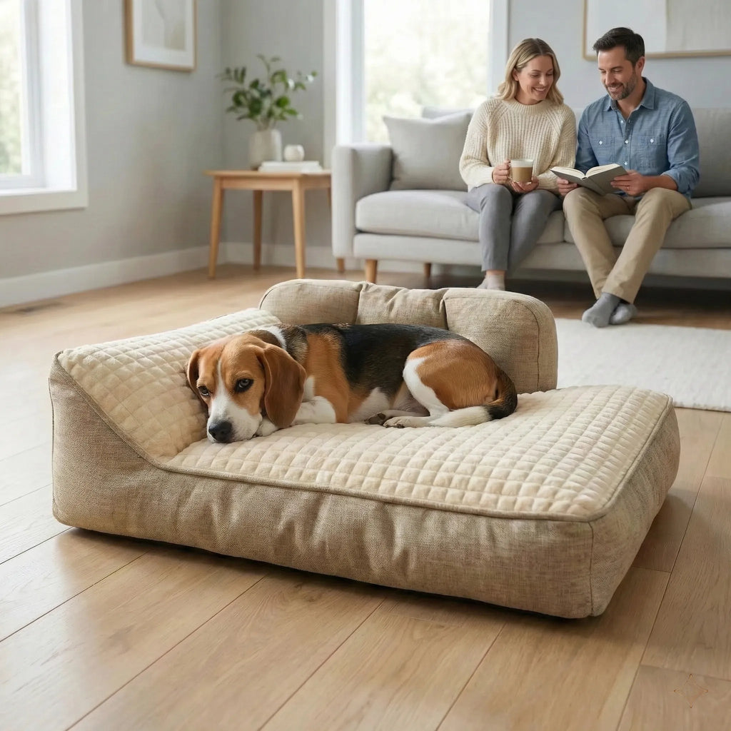 panier pour chien au design sofa avec coussin capitonne et rebords fermes