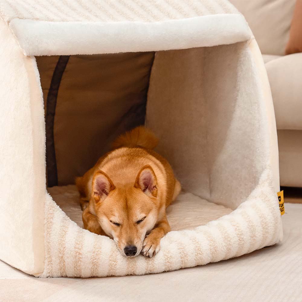 Cabane Orthopédique Rayée pour Chien | Structure Alvéolaire, Lavable, Antidérapant, Cocon Sécurisant
