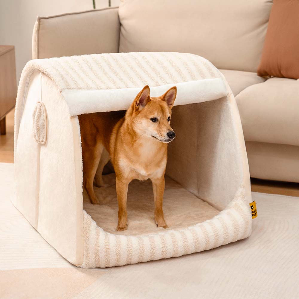Cabane Orthopédique Rayée pour Chien | Structure Alvéolaire, Lavable, Antidérapant, Cocon Sécurisant