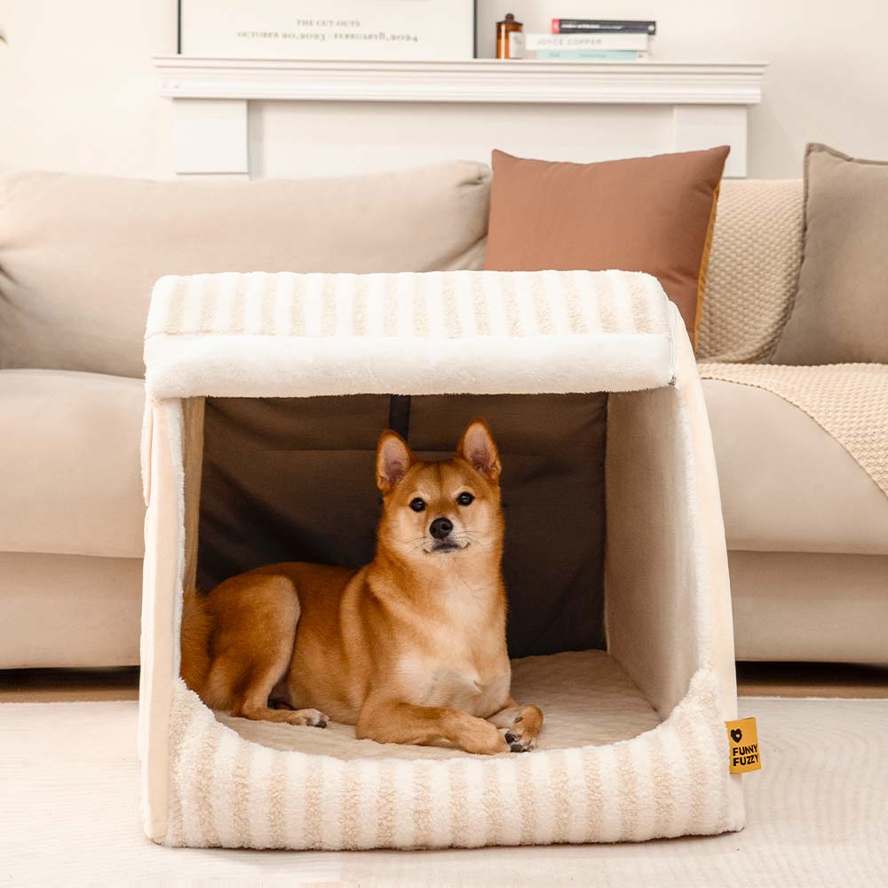 Cabane Orthopédique Rayée pour Chien | Structure Alvéolaire, Lavable, Antidérapant, Cocon Sécurisant