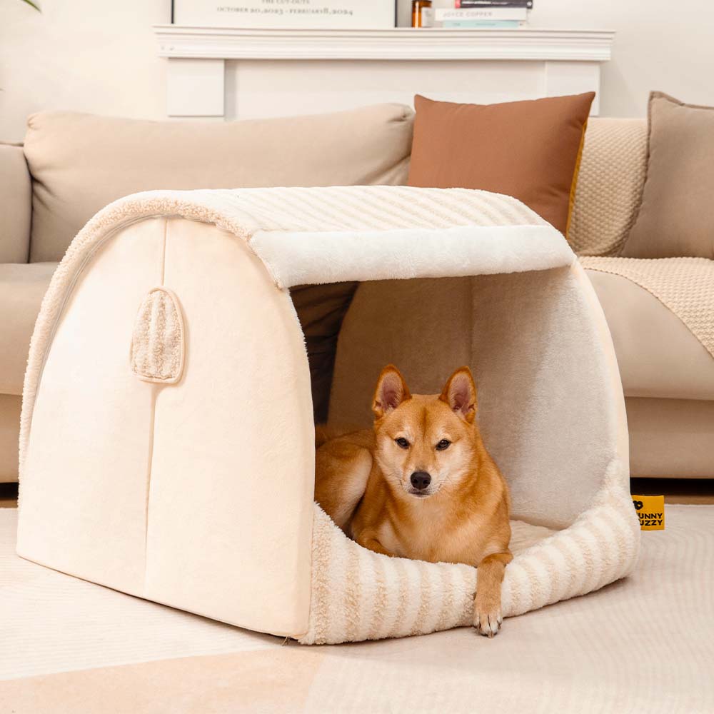 Cabane Orthopédique Rayée pour Chien | Structure Alvéolaire, Lavable, Antidérapant, Cocon Sécurisant