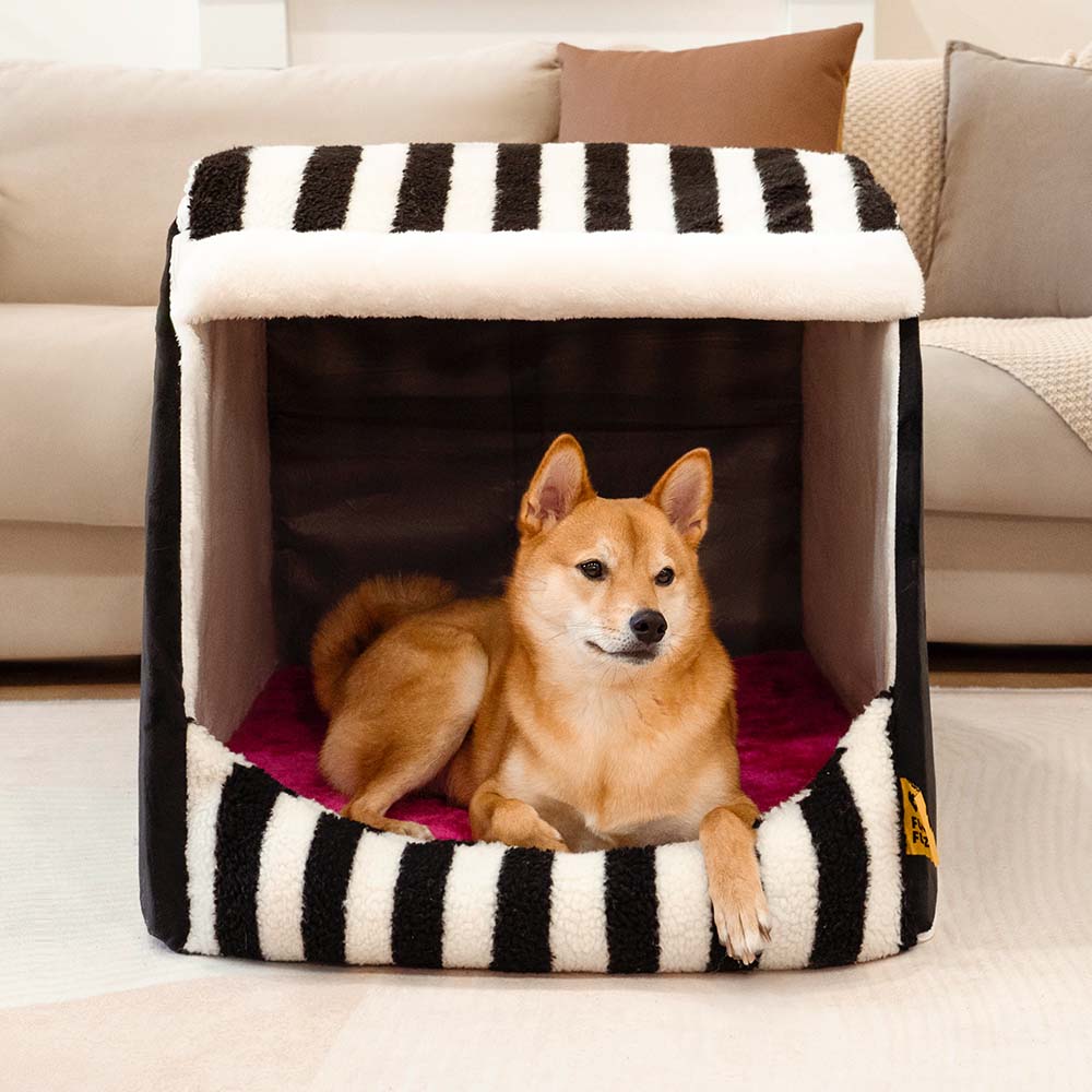 Cabane Orthopédique Rayée pour Chien | Structure Alvéolaire, Lavable, Antidérapant, Cocon Sécurisant