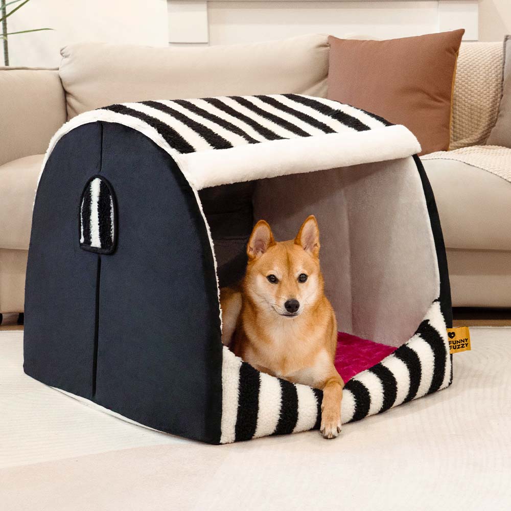 Cabane Orthopédique Rayée pour Chien | Structure Alvéolaire, Lavable, Antidérapant, Cocon Sécurisant