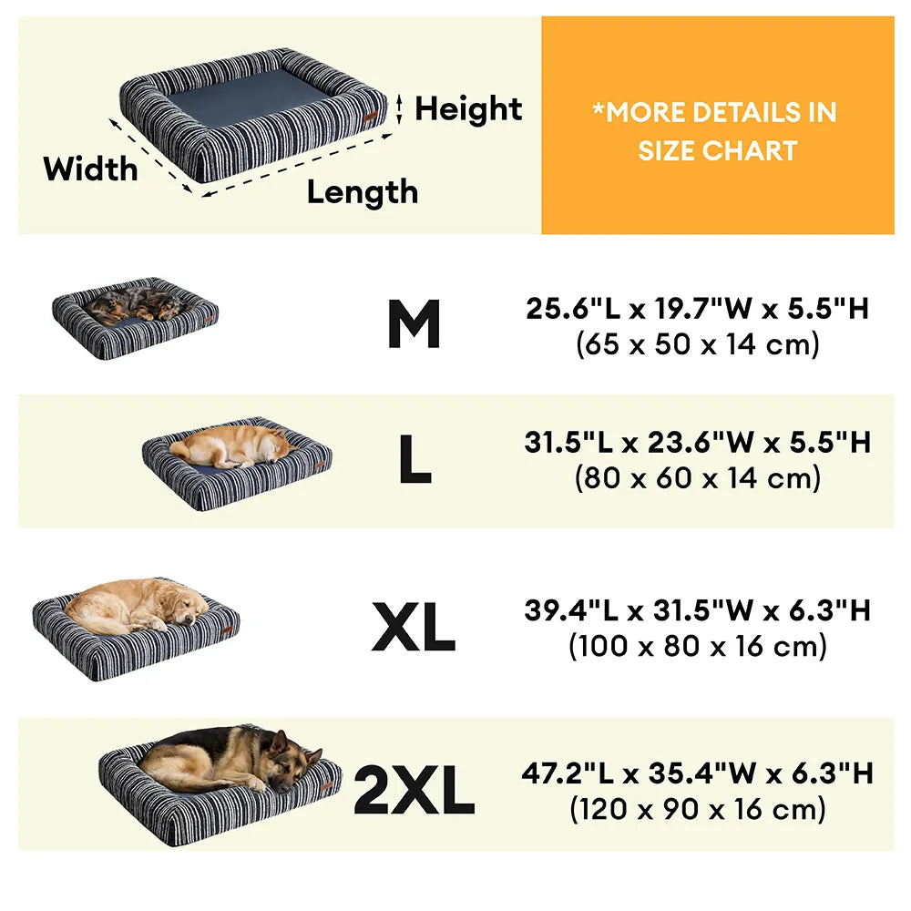 Lit Orthopédique Rayé Toutes Saisons pour Chien | Base Gaufrée, Rebords Bolster, Lavable, Antidérapant