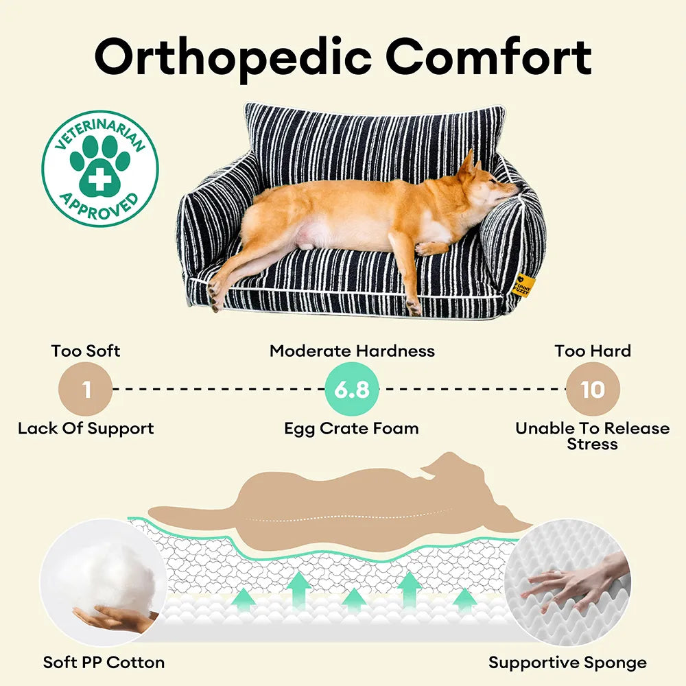 Sofa Rayé Bolster Orthopédique pour Chien | Base Gaufrée, Lavable, Antidérapant, Toutes Tailles