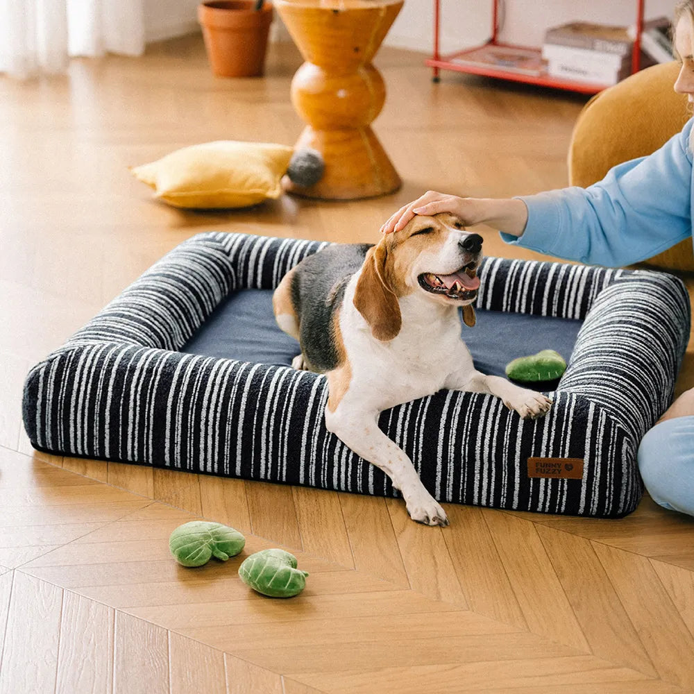 Lit Orthopédique Rayé Toutes Saisons pour Chien | Base Gaufrée, Rebords Bolster, Lavable, Antidérapant