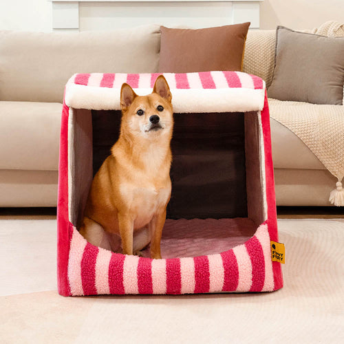 Cabane Orthopédique Rayée pour Chien | Structure Alvéolaire, Lavable, Antidérapant, Cocon Sécurisant