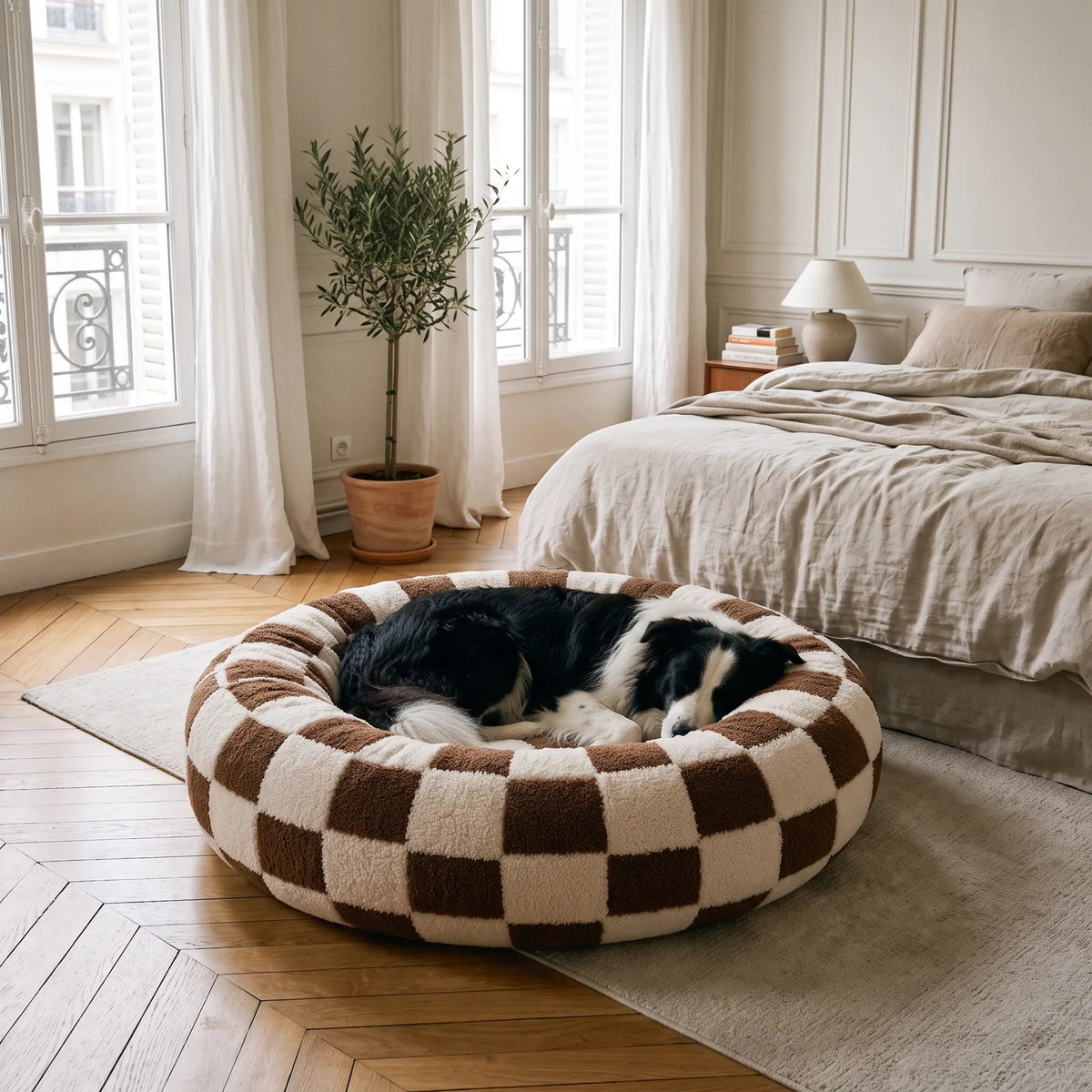 Border Collie dans le grand format du panier anti-stress damier chocolat
