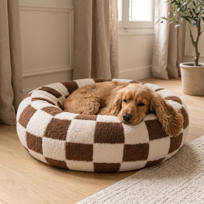 Cocker lové dans un panier rond anti-stress damier chocolat, la tête posée sur le rebord, effet cocon rassurant