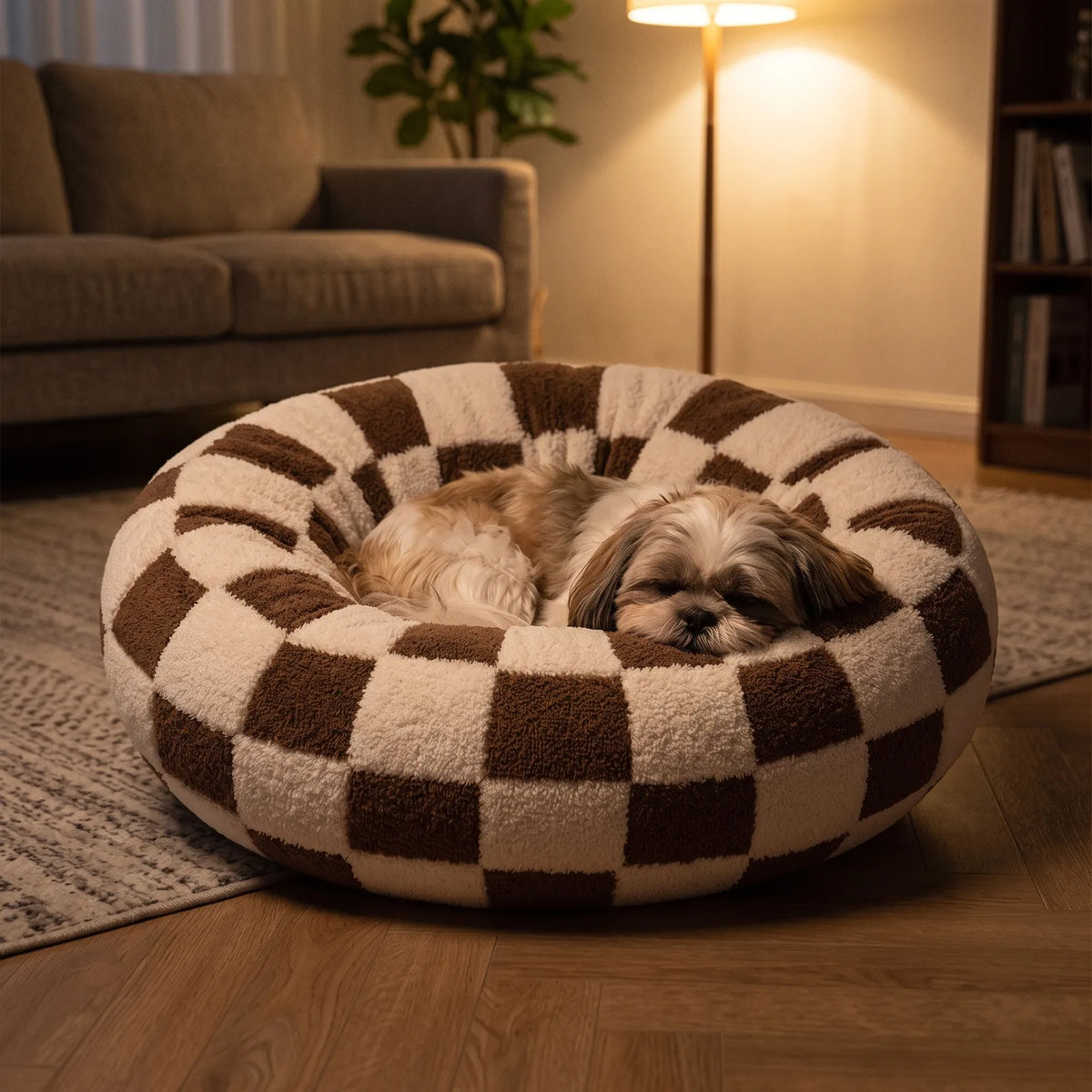 Shih Tzu endormi dans un panier anti-stress damier chocolat sous une lumière chaude de soirée