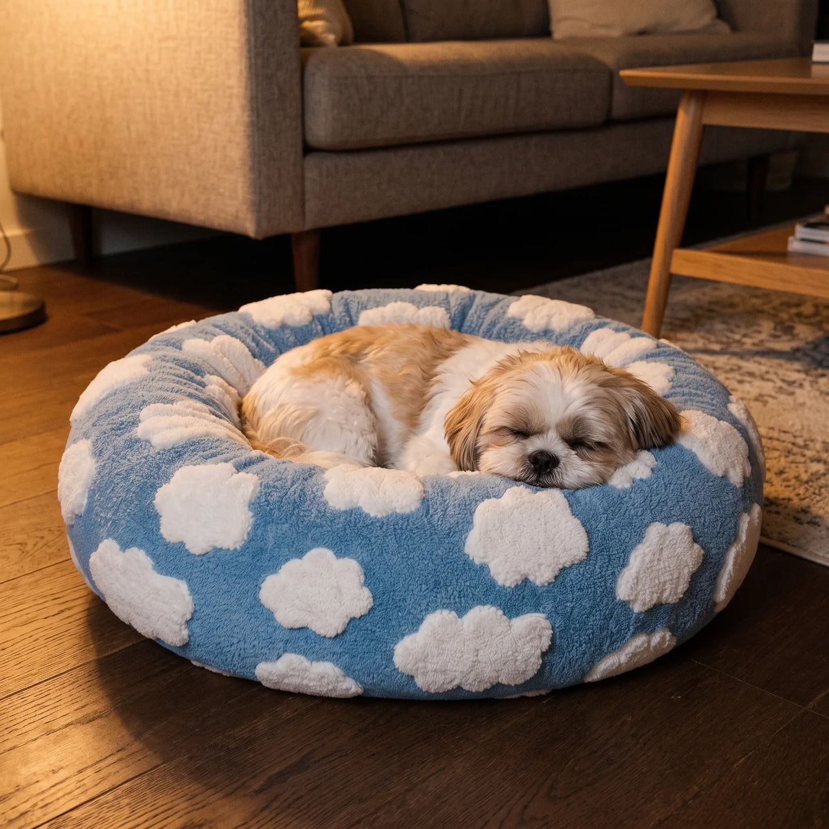 Shih Tzu endormi dans un panier anti-stress bleu sous une lumière chaude de soirée