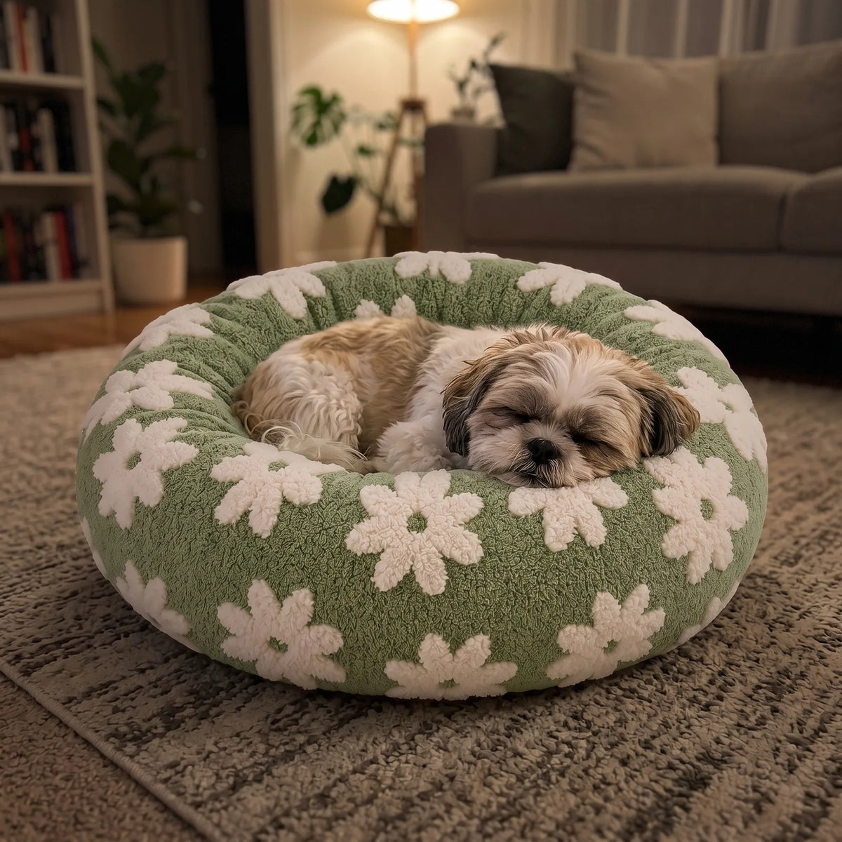 Shih Tzu endormi dans un panier anti-stress vert sous une lumière chaude de soirée