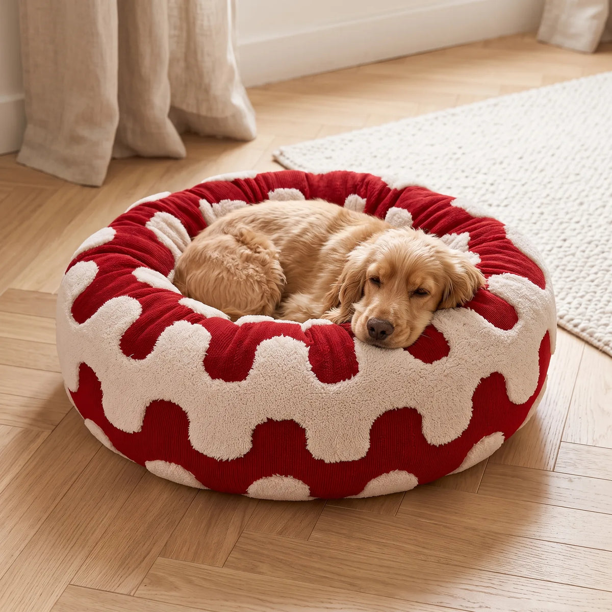 Cocker lové dans un panier rond anti-stress rouge, la tête posée sur le rebord, effet cocon rassurant