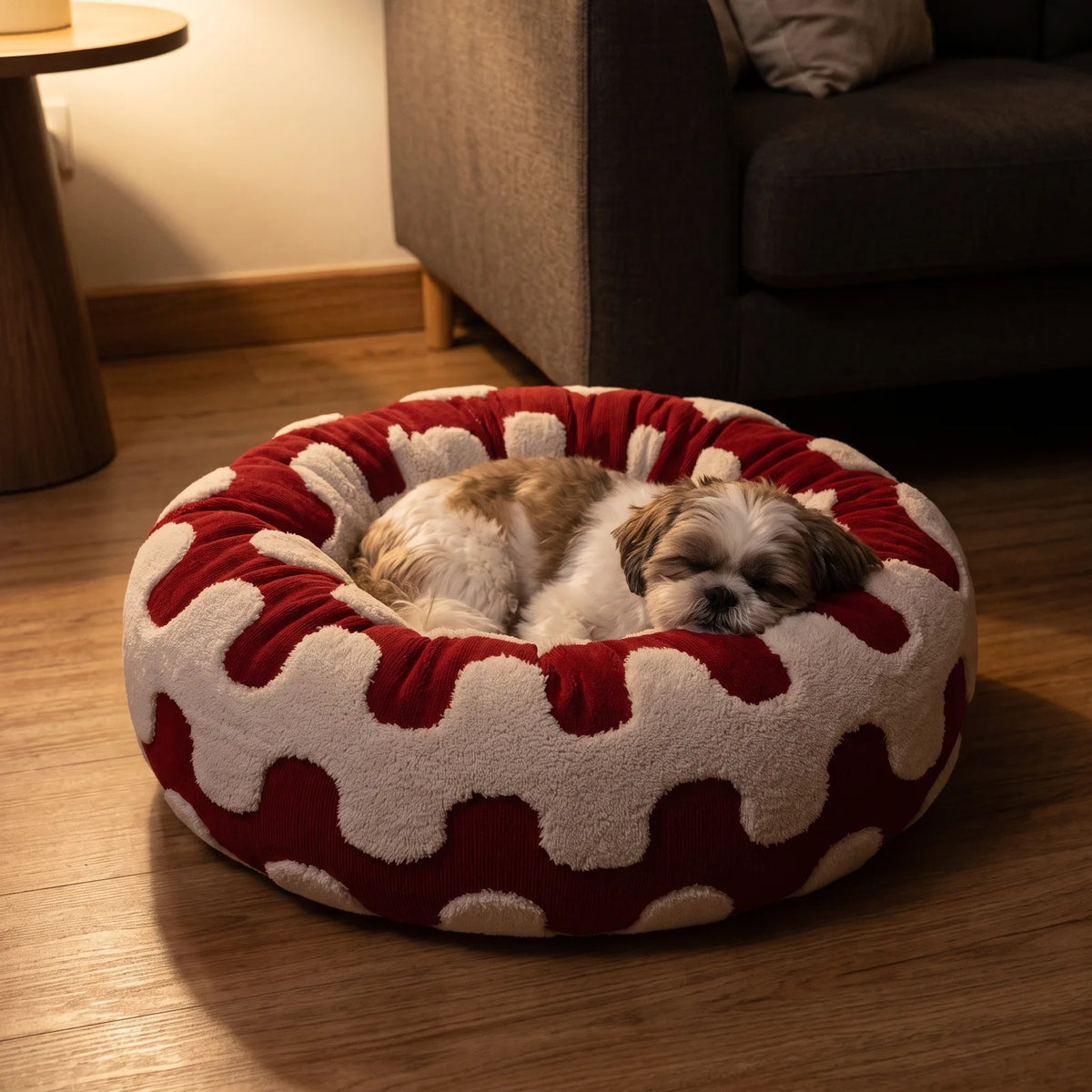 Shih Tzu endormi dans un panier anti-stress rouge sous une lumière chaude de soirée