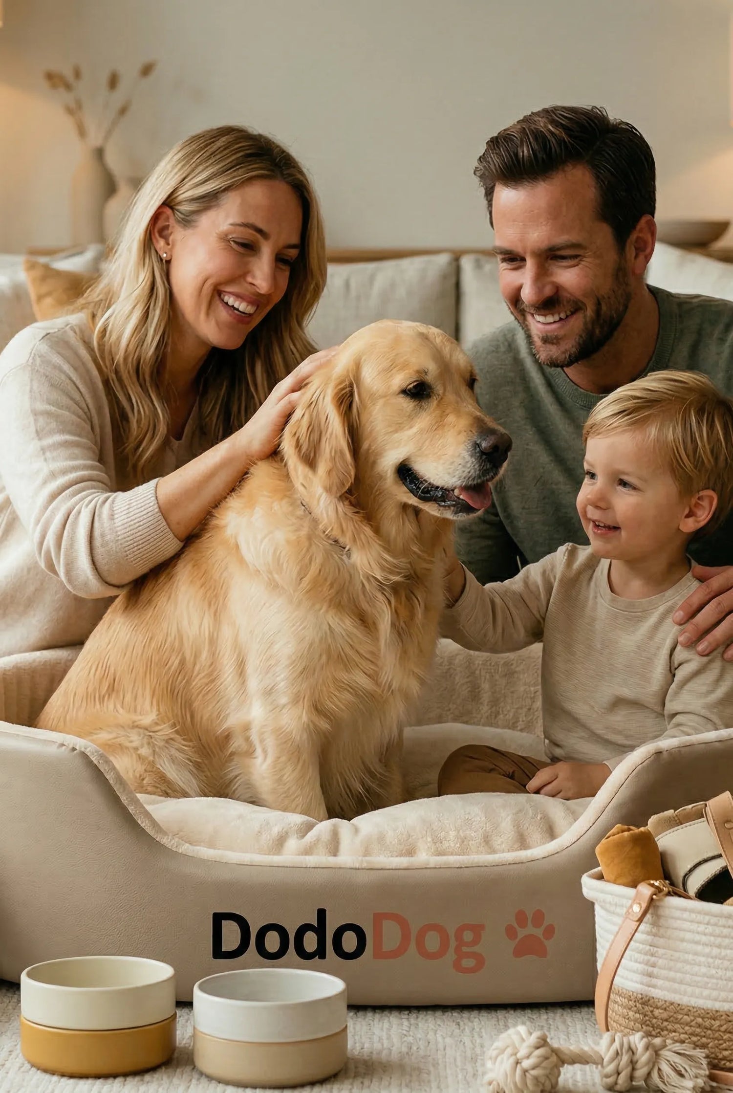 Famille souriante avec un golden retriever installé dans son panier pour chien DodoDog