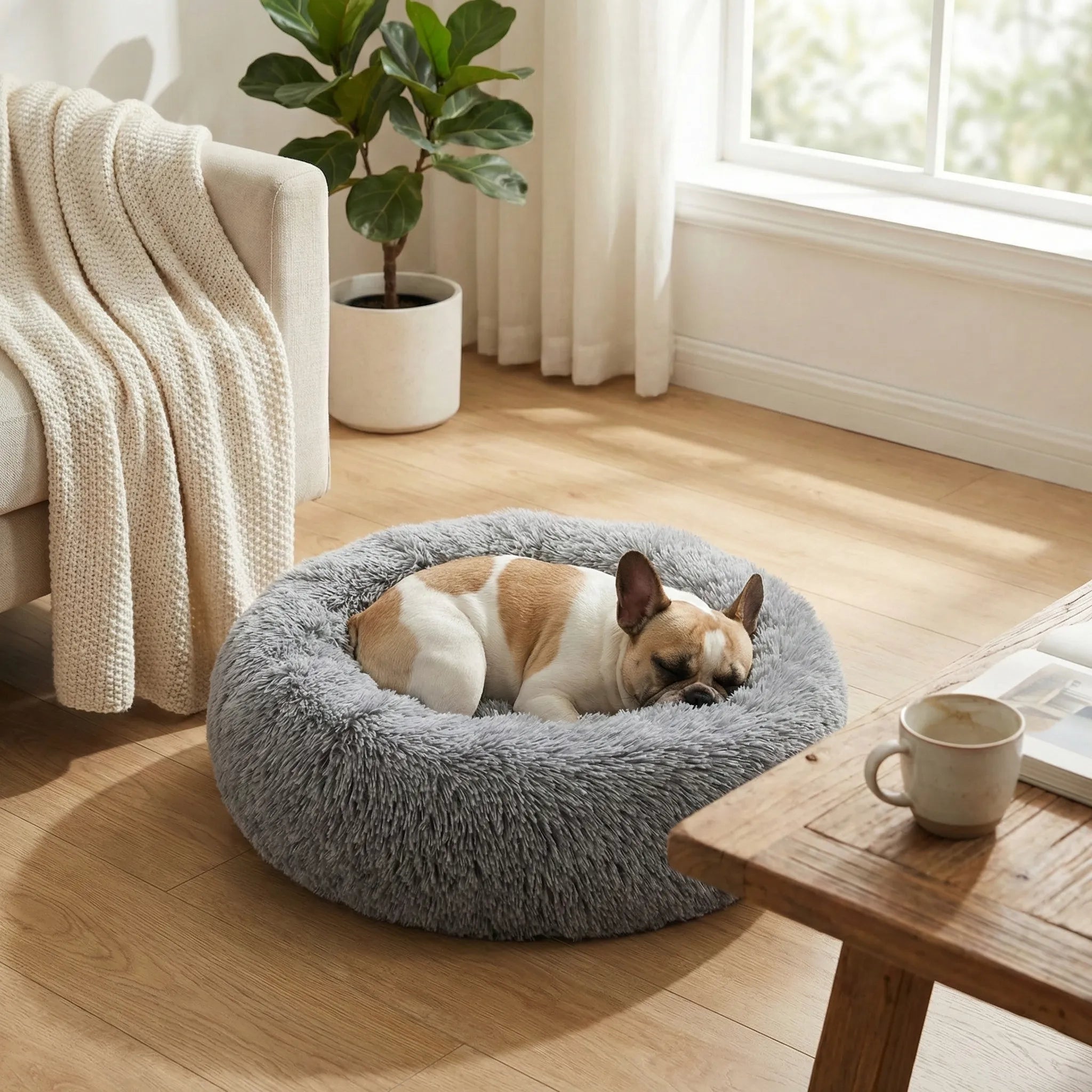 panier pour chien en fausse fourrure grise, forme donut avec rembourrage moelleux.