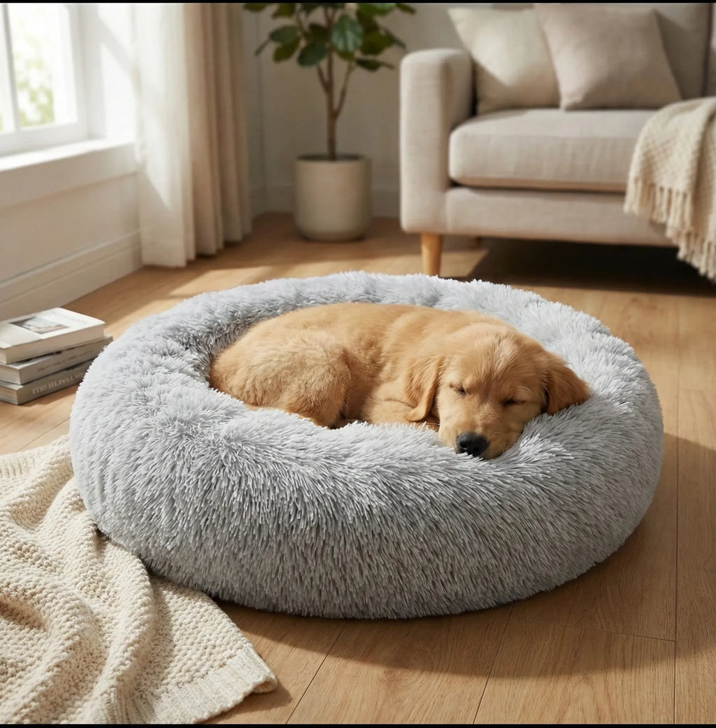 Panier nid douillet pour animal de compagnie, design rond avec rebords surélevés pour un sentiment de sécurité.