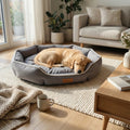 panier pour chien pose sur parquet clair