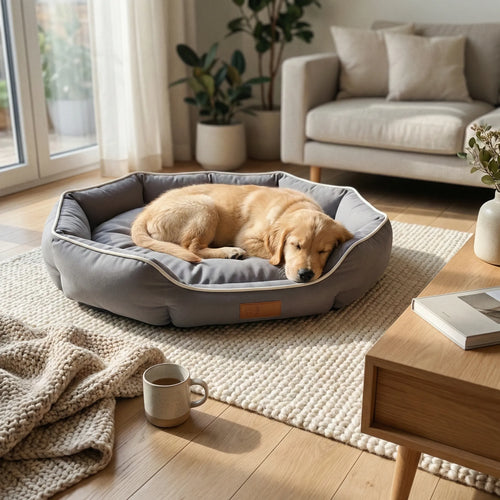 panier pour chien pose sur parquet clair