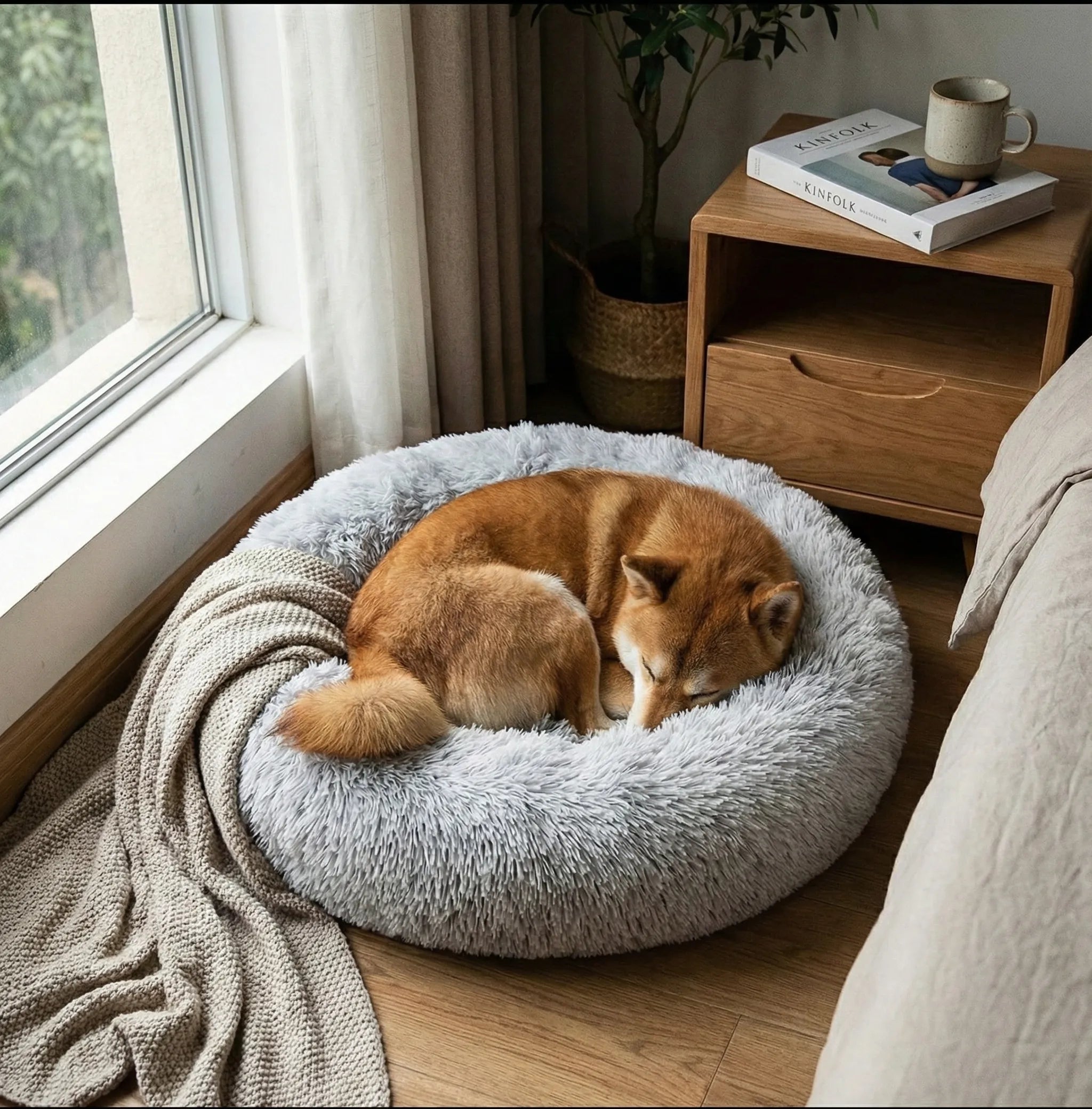 panier blanc rond pour chien style pelucher avec poil 